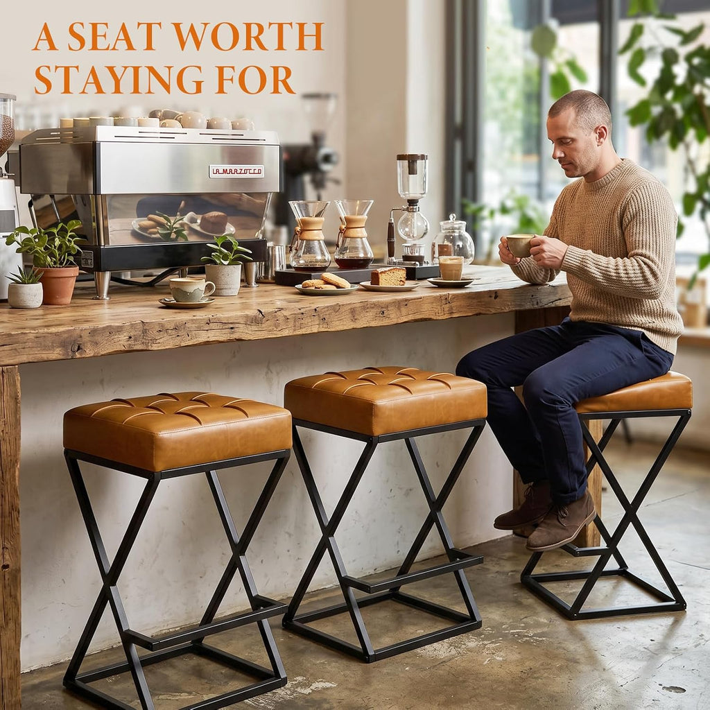 Bar Stools Set of 4, 26 Inch Counter Height Stool Faux Leather Brown