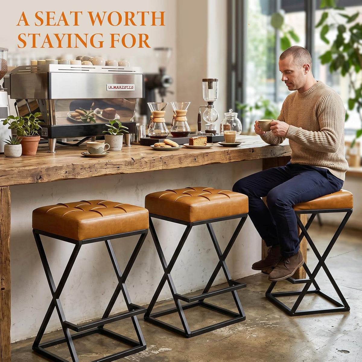 Bar Stools Set of 4, 26 Inch Counter Height Stool Faux Leather Brown