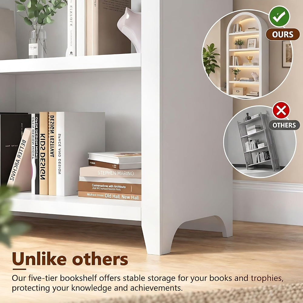 5-Tiber Arched Bookcase with 3-Color Lights & Motion Sensor, White
