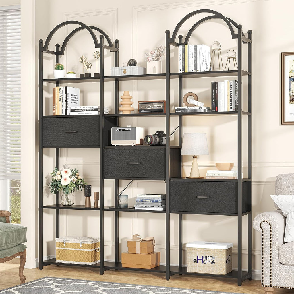 83.5" Tall Arched Bookshelf, Triple Wide 6-Tier Large Open Book Shelf with 3 Drawers Storage, Etagere Bookcase with Display Shelf, Industrial Bookshelf with Metal Frame for Living Room, Black