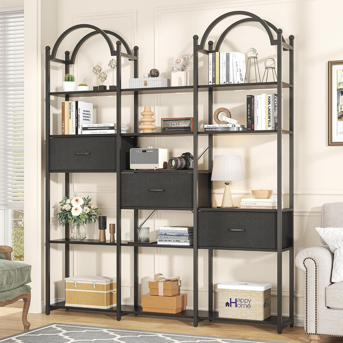 83.5" Tall Arched Bookshelf, Triple Wide 6-Tier Large Open Book Shelf with 3 Drawers Storage, Etagere Bookcase with Display Shelf, Industrial Bookshelf with Metal Frame for Living Room, Black