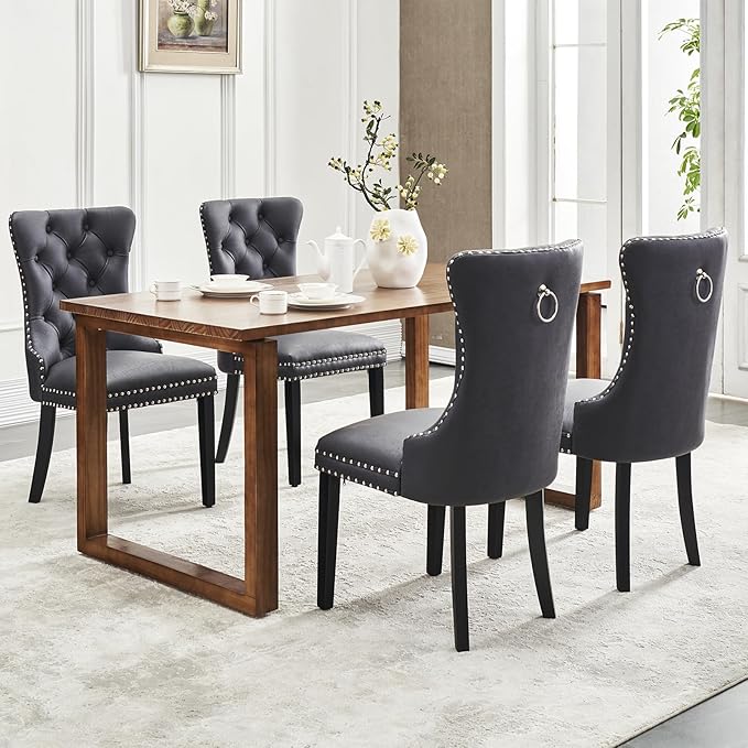 Kiztir Leather Dining Chairs Set of 4, Upholstered Dining Chair with Nailhead Trim and Solid Wood Legs, Luxury Wingback Dining Side Chair for Living Room, Bedroom, Kitchen (Black)