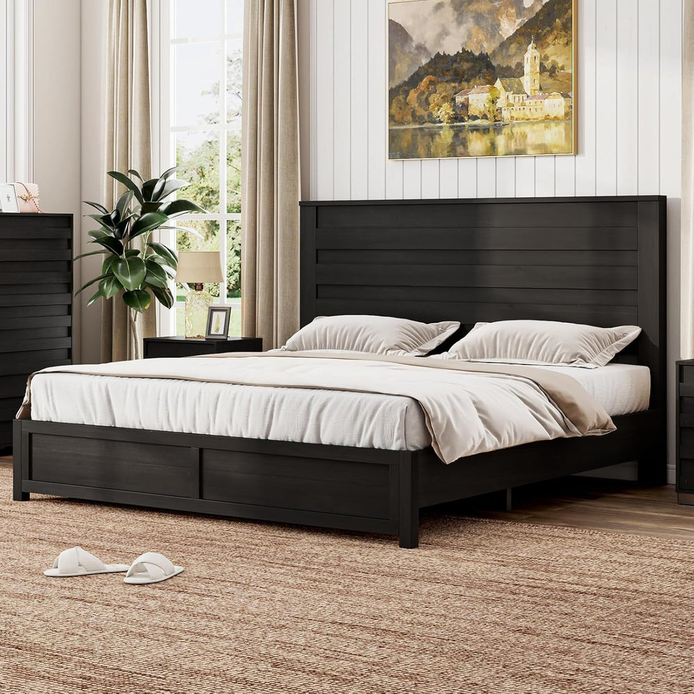 LUXOAK 3 Piece Slatted Bedroom Set Queen Bed Frame & 2 Nightstands, Black