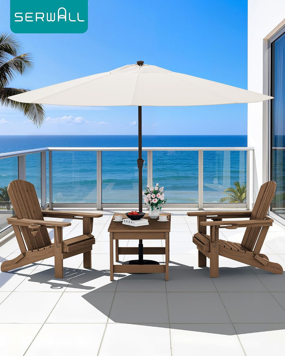 SERWALL HDPE Outdoor Coffee Table with Umbrella Hole, Brown
