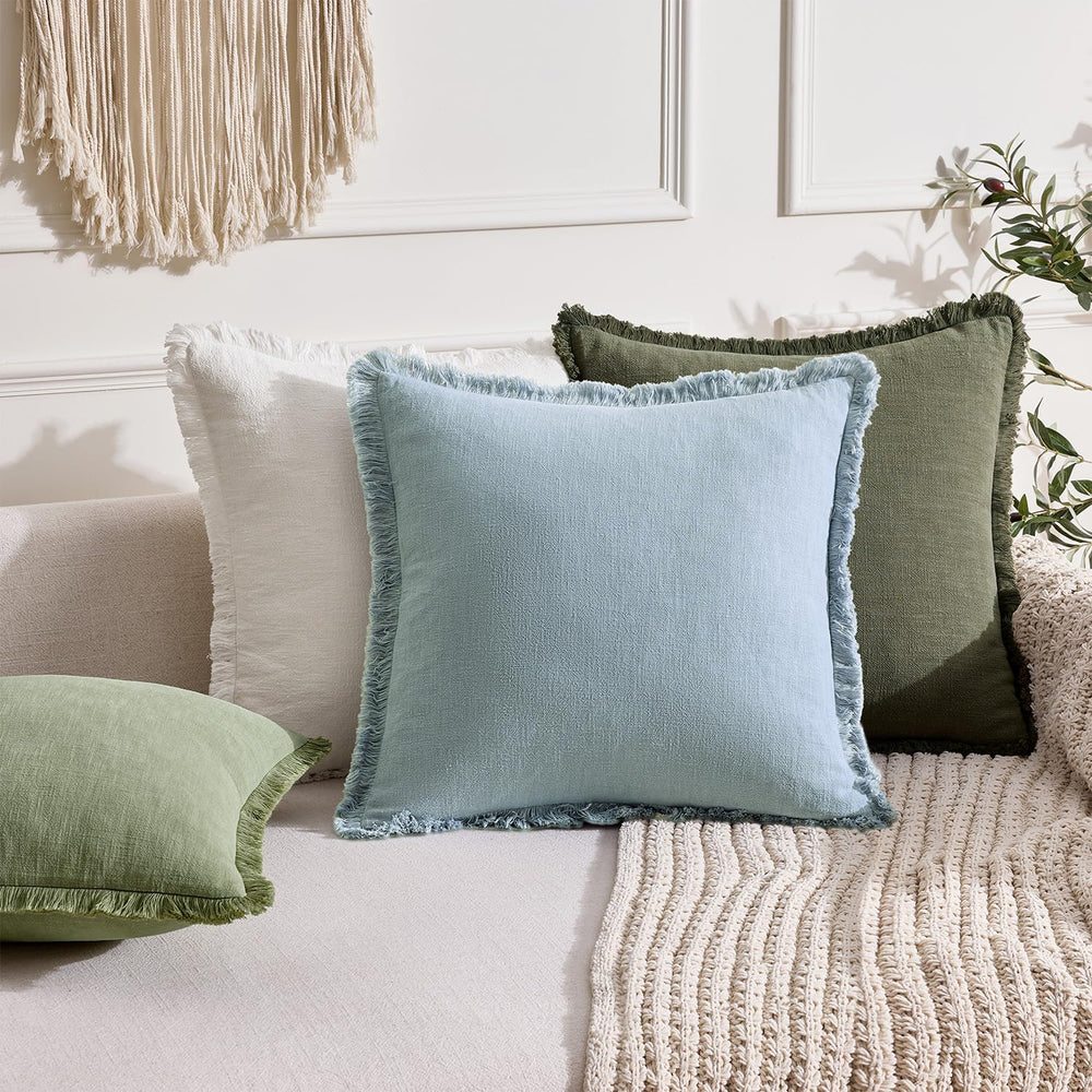 ANRODUO Decorative Linen Fringe Pillow Covers 20×20 Inch Sky Blue 2 Pack