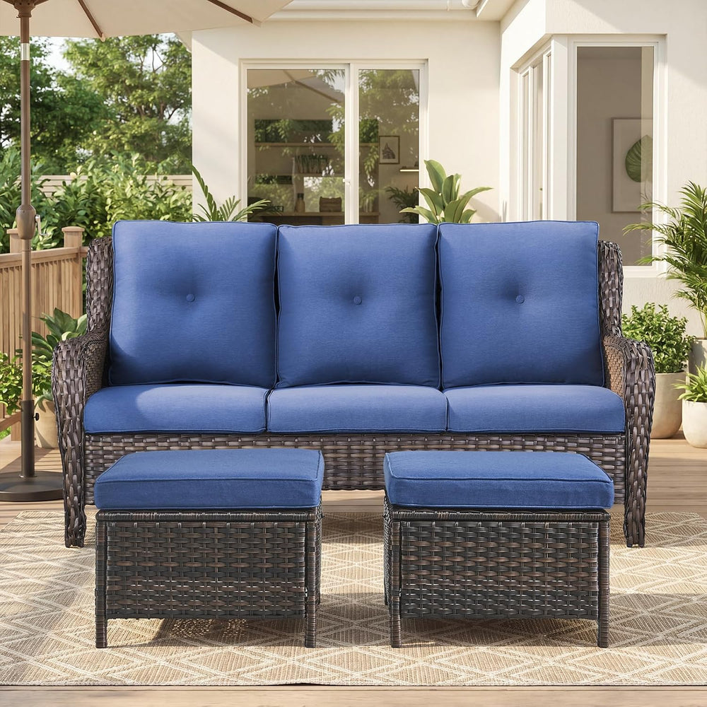 Belord 3-Piece PE Wicker Outdoor Sofa with 2 Ottomans, Luxury Patio Couch Con...