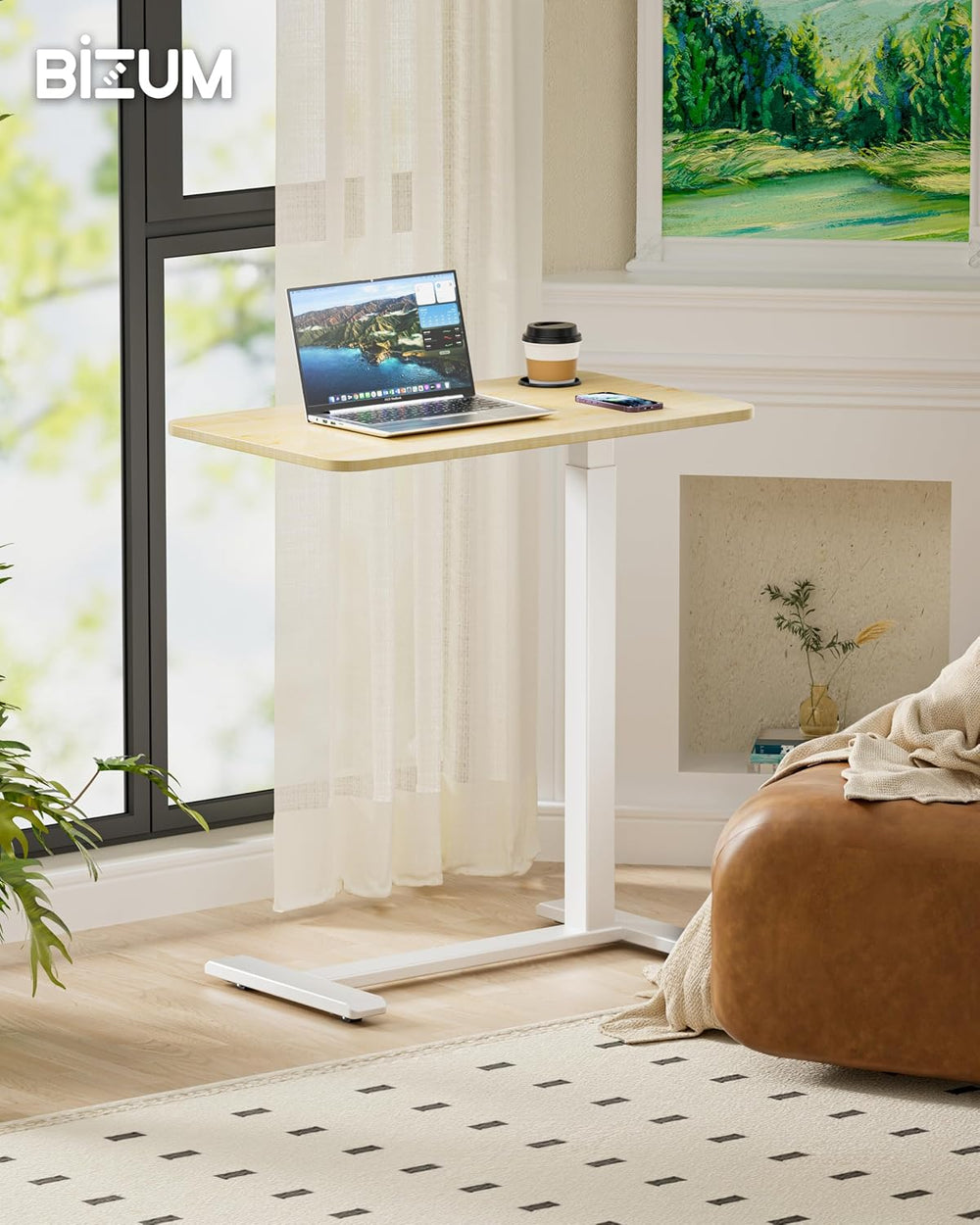 BIZUM Adjustable Bedside Table with Swivel Hidden Wheels Pneumatic Rolling De...