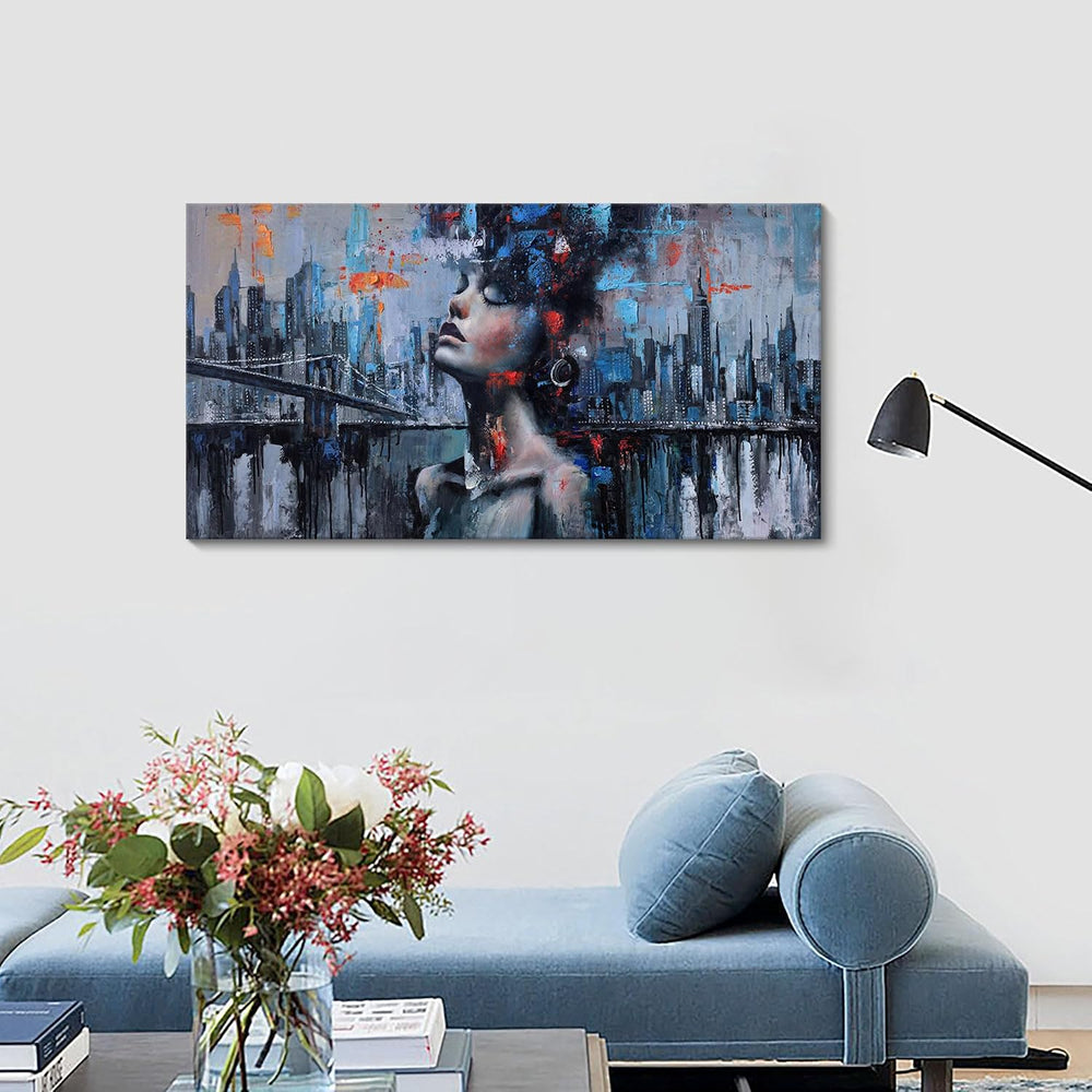 Navy Blue Abstract Wall Art Woman Picture for Living Room Modern Home Bedroom...