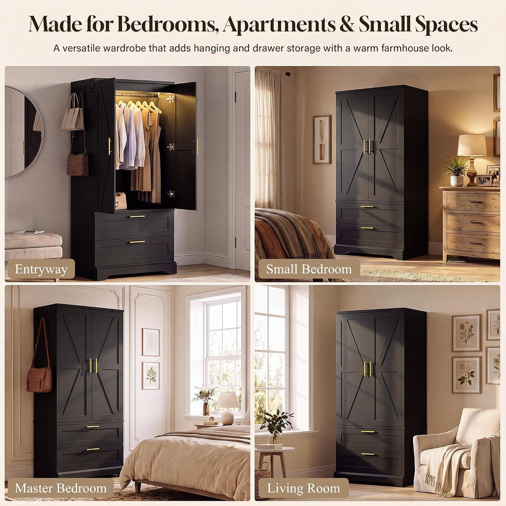 YESHOMY 70.9" Armoire Wardrobe Closet with Sensor Light, 2 Drawers (Black)