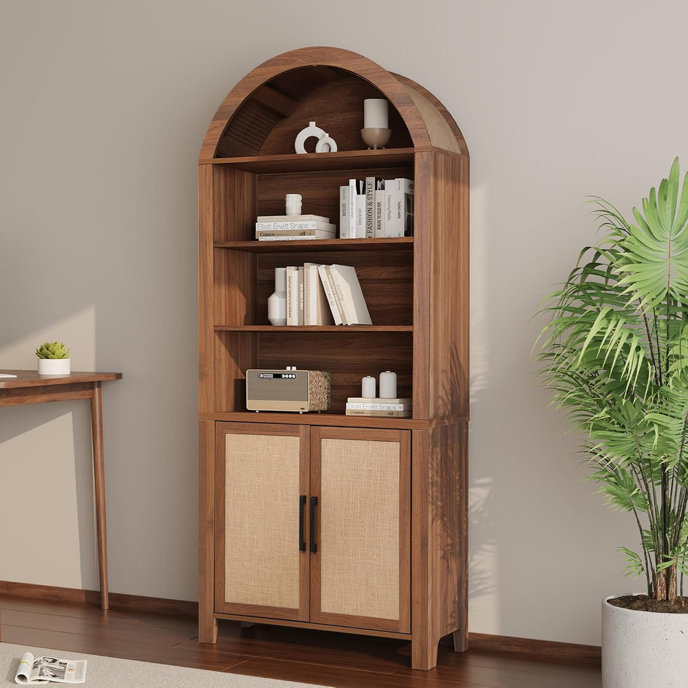Janmer Home 71" Tall Boho Rattan Arched Bookcase with Doors,Walnut