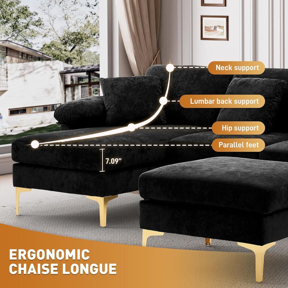 Wrofly 114" U-Shaped Velvet Sectional Couch with Ottoman, Black