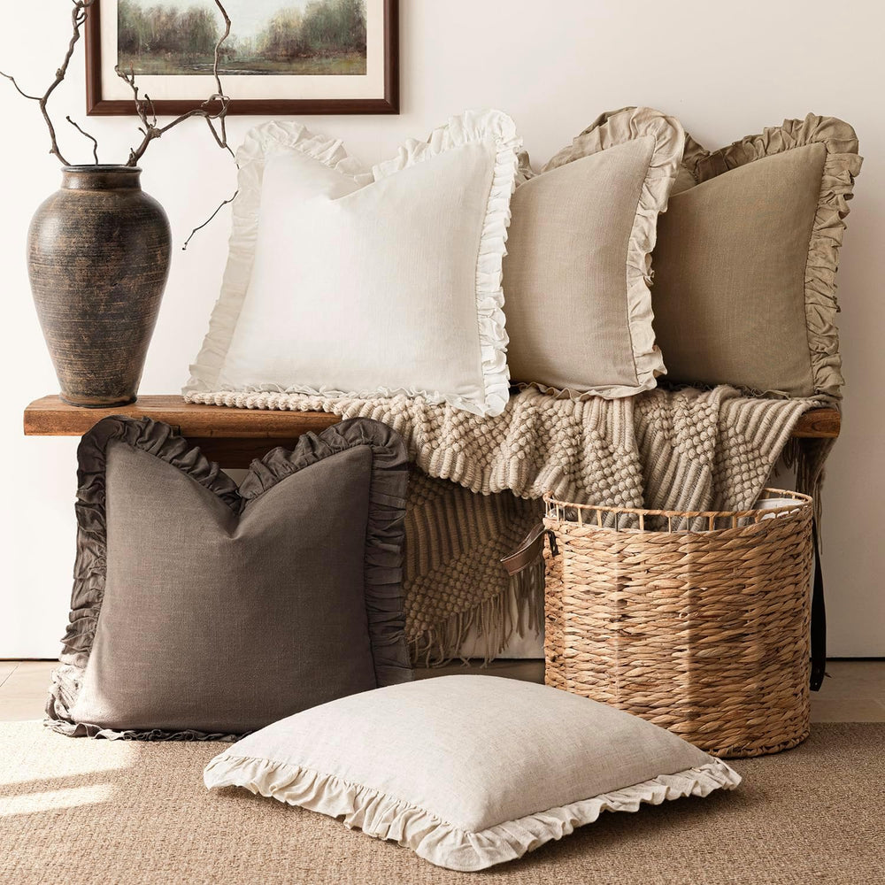 Foindtower Linen Fringe Ruffle Throw Pillow Covers 22×22 Inch Dark Brown