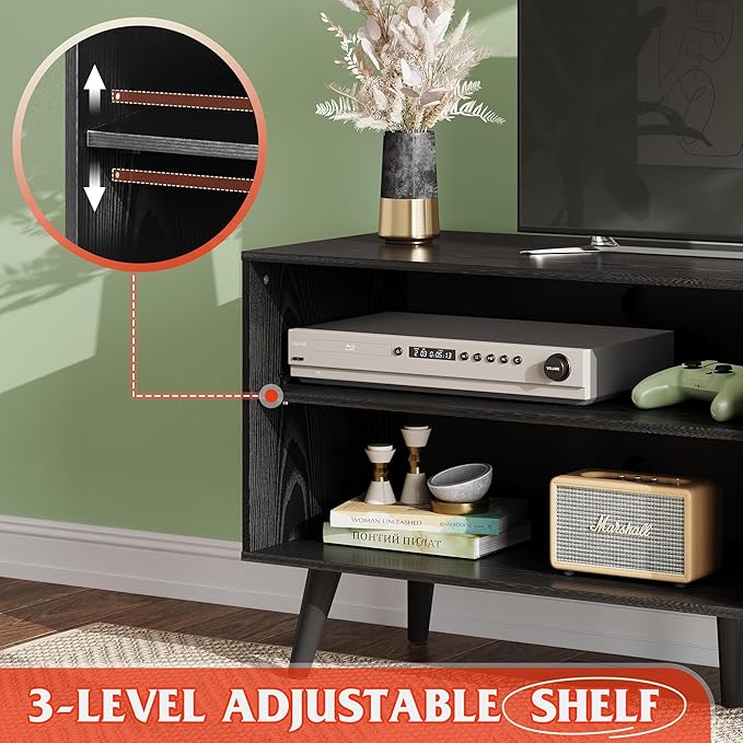 WLIVE TV Stand for 55 Inch TVs, Entertainment Center with Storage Cabinet, Mid-Century TV Stands for Living Room and Bedroom, 50" TV Console, Black