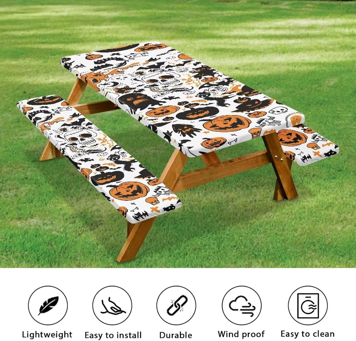 Halloween Pattern Camping Table Covers with Seat Covers Waterproof Picnic Outdoor Tablecloth with Bench Covers Farm Fitted Picnic Table Cover Camping Tablecloth Halloween Decor