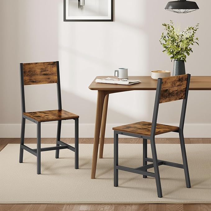 VASAGLE Dining Chair Set of 2, Rustic Wood Chairs with Metal Steel Frame, Easy to Assemble, Comfortable Seat, Modern Farmhouse Chair for Kitchen, Bedroom, Living Room, Rustic Brown and Ink Black