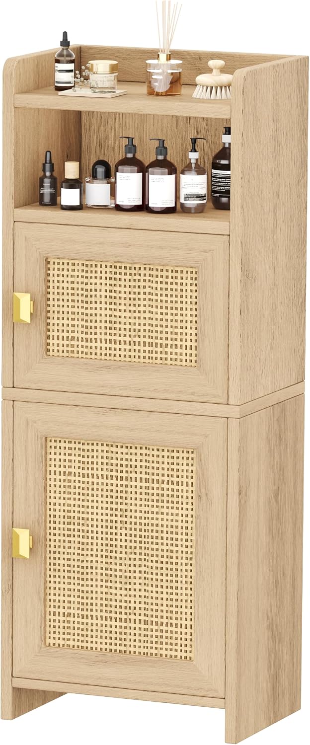 Akxomel Rattan Small Bathroom Cabinet with Open Shelf Wooden Floor Unit