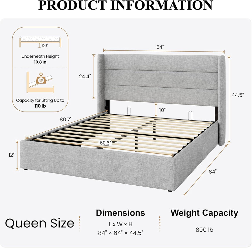 SHA CERLIN Queen Size Lift Up Hydraulic Storage Bed Frame Light Grey