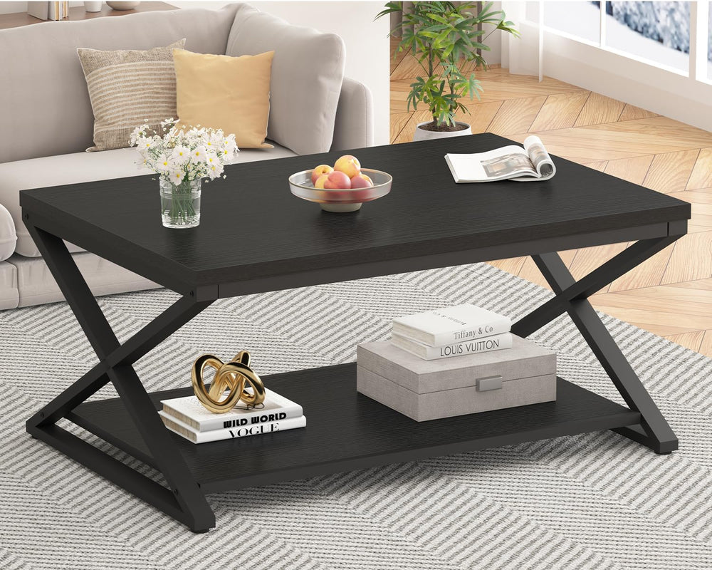 HSH 39" Rectangle Coffee Table with Storage for Living Room, Black Oak