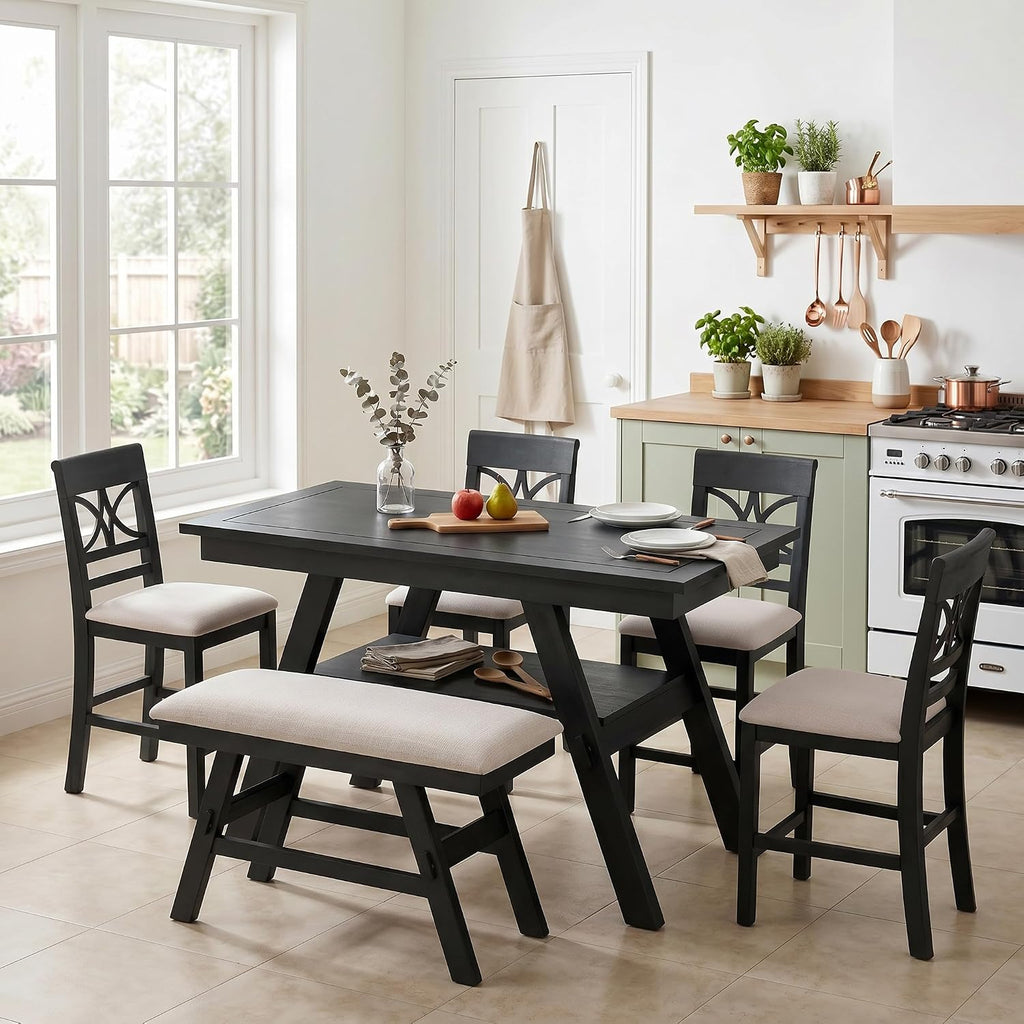 Merax 6-Piece Wood Counter Height Dining Table Set with Storage Shelf, Rustic Dining Table Set with Upholstered Chairs and Bench for 4-6, Espresso+Beige