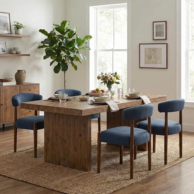 VKNOW Wooden Dining Chairs Set of 4, Modern Upholstered Dining Room Chairs with Walnut Wood Legs and Curved Backrest, Fabric Kitchen Chairs for Farmhouse/Dining Room, Blue