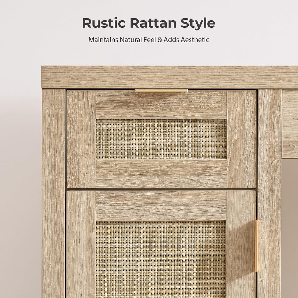 SICOTAS 52" Rattan Vanity Desk with 3 Drawers & 2 Cabinets, Vanity T...