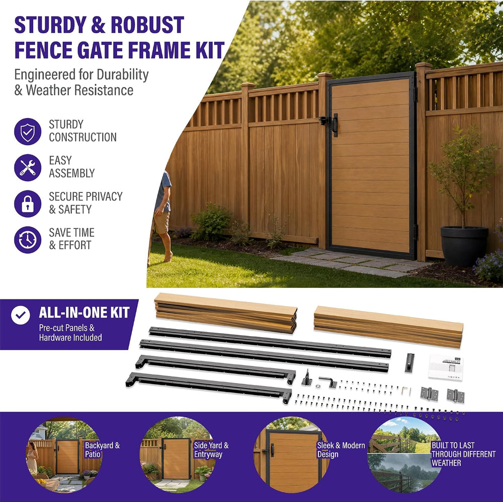 Hulave 4x5FT(46.8" Wx59 H) Fence Gate Kit Wood Grain Aluminum Panel, Brown