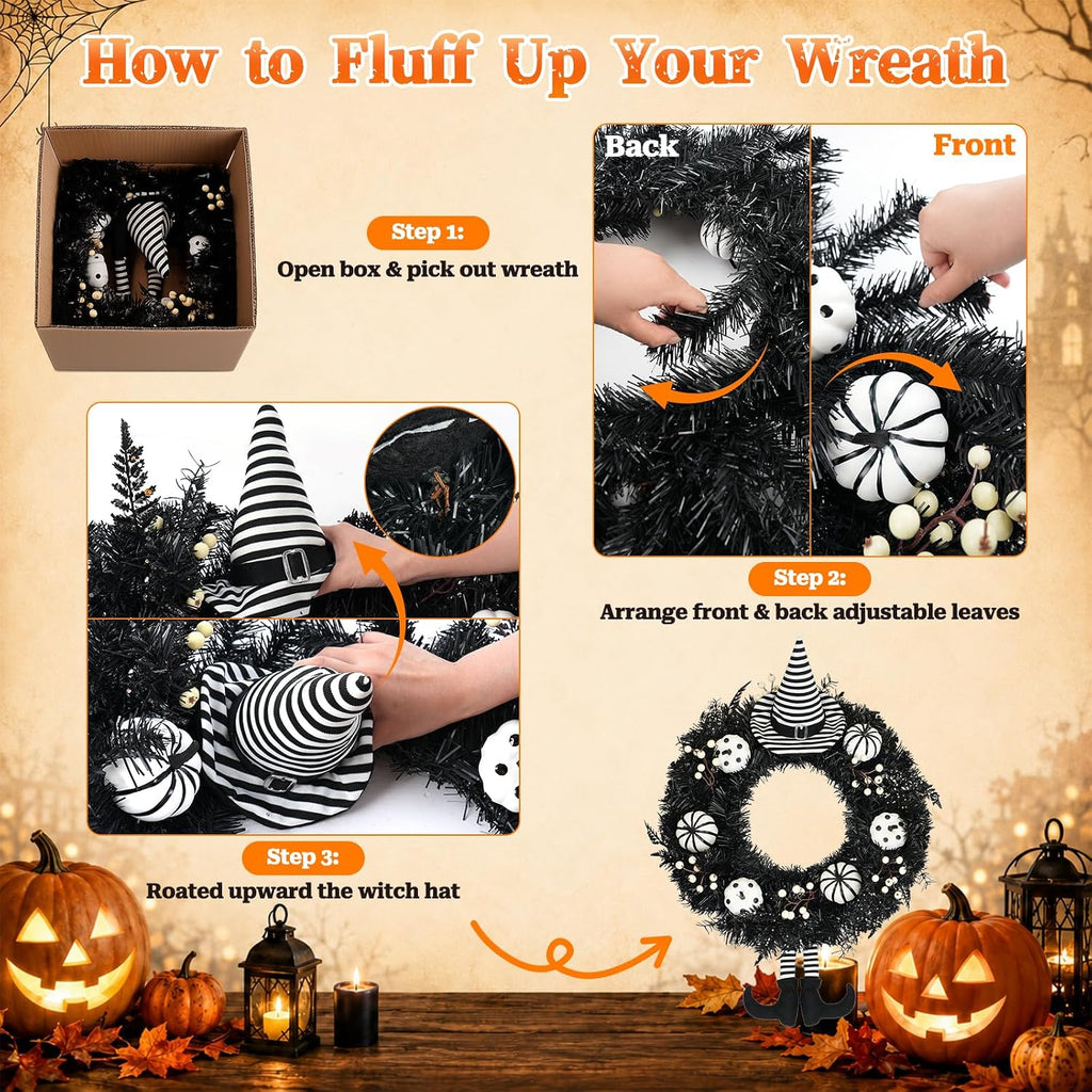Yangrass 24" Spooky Halloween Wreath for Front Door with Witch Hat & Legs