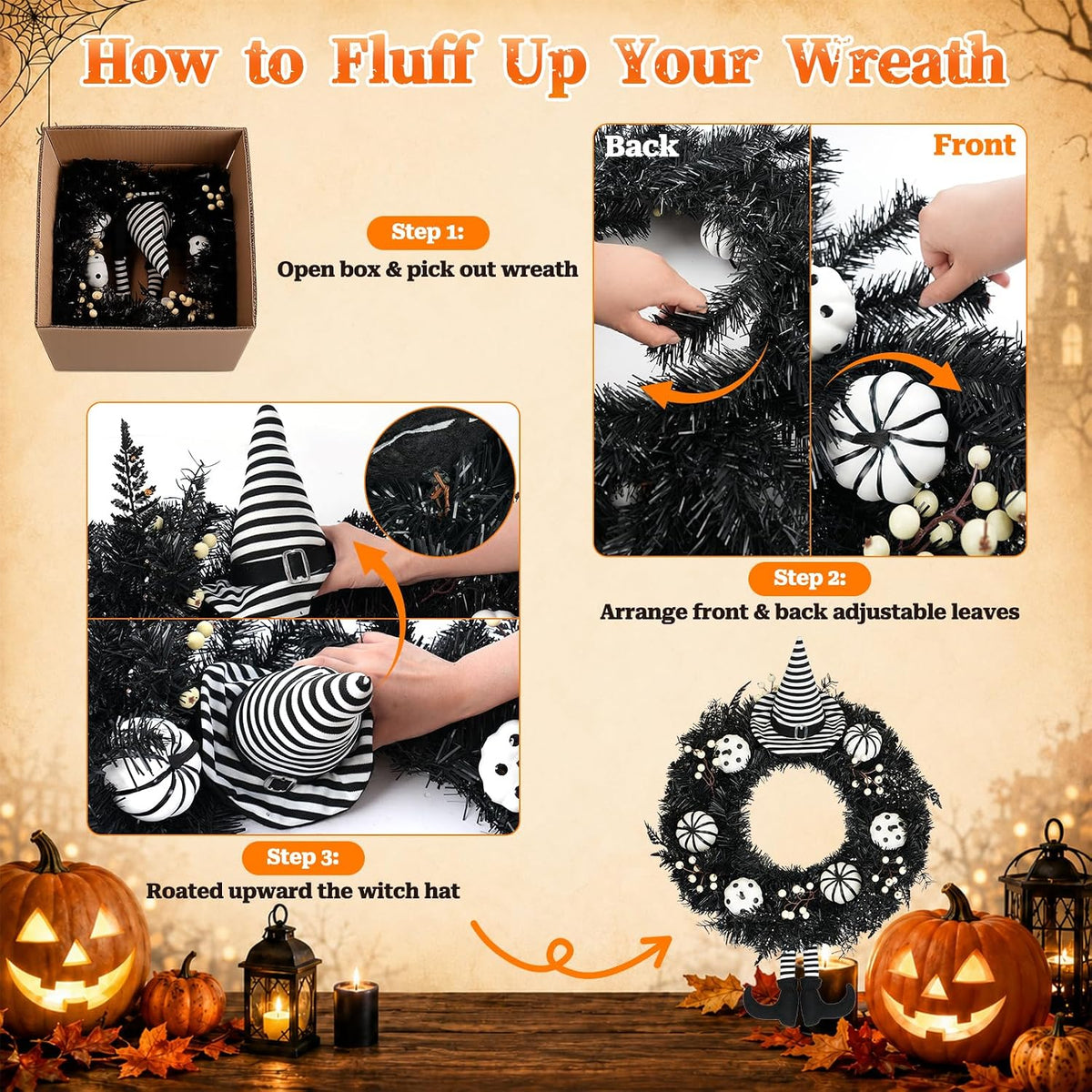 Yangrass 24" Spooky Halloween Wreath for Front Door with Witch Hat & Legs