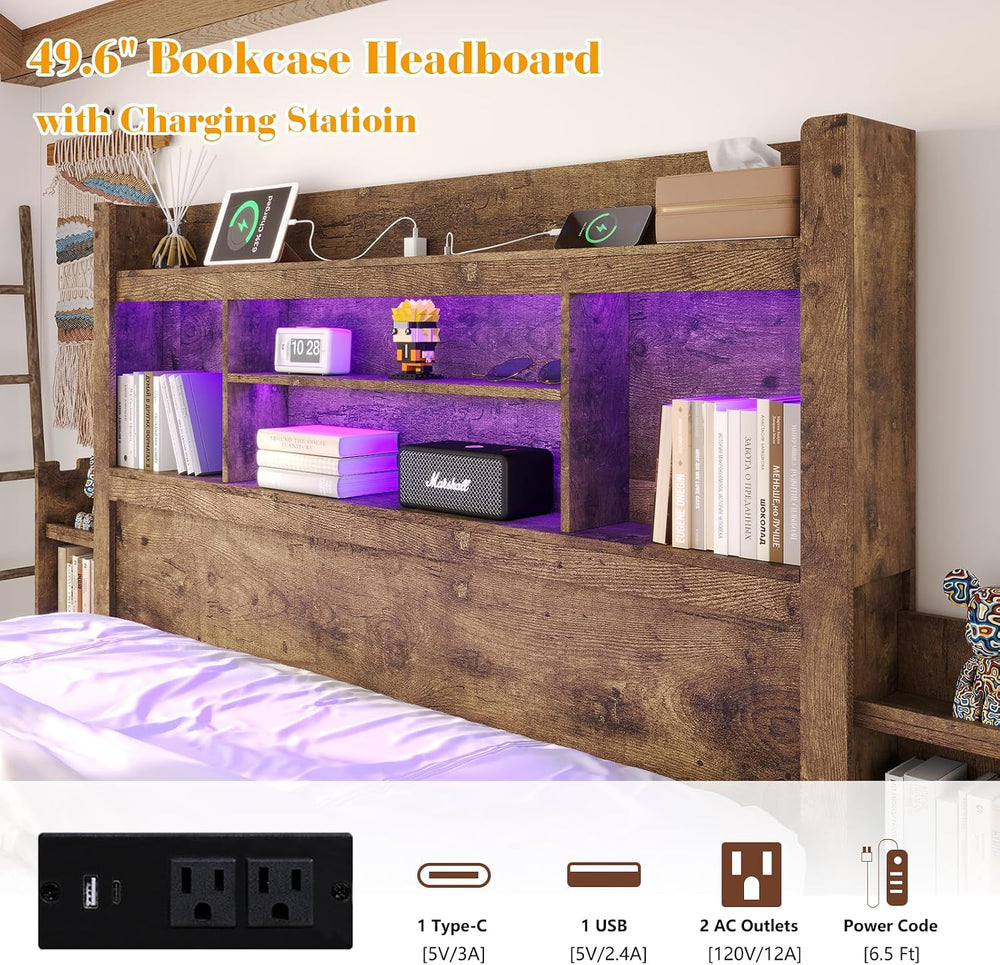LUXOAK King Size Bed Frame with Bookcase Headboard & Storage, Rustic Brown