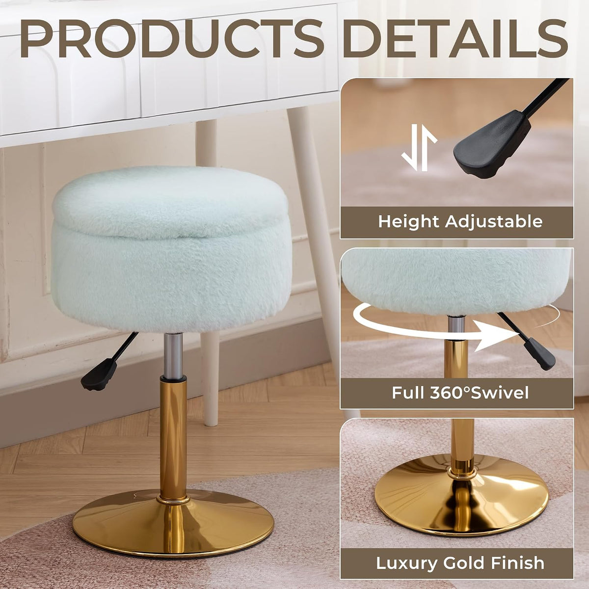 Vanity Chair with Storage Adjustable Stool for Vanity Swivel Vanity Stool Ottoman Gold Base Pale Green
