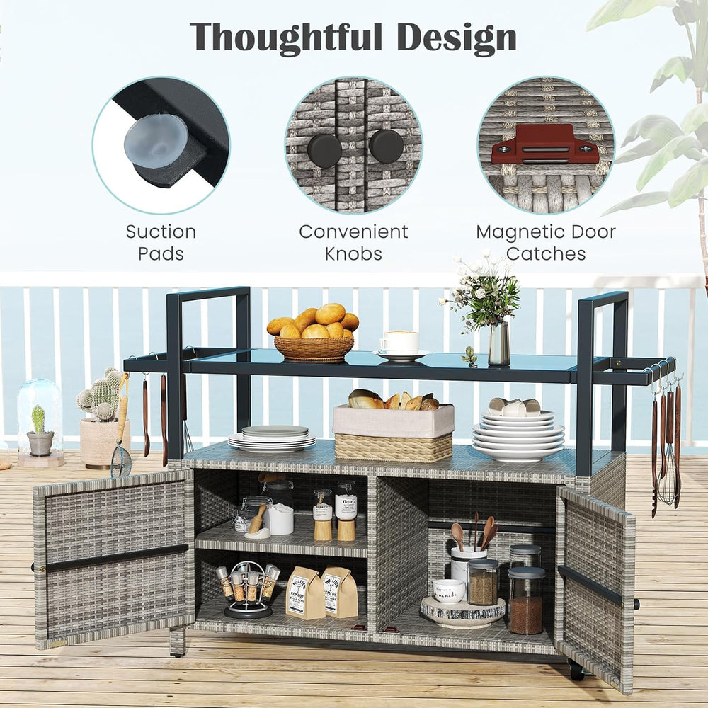 Tangkula Wicker Rolling Outdoor Bar Cart with Tempered Glass Table, Gray