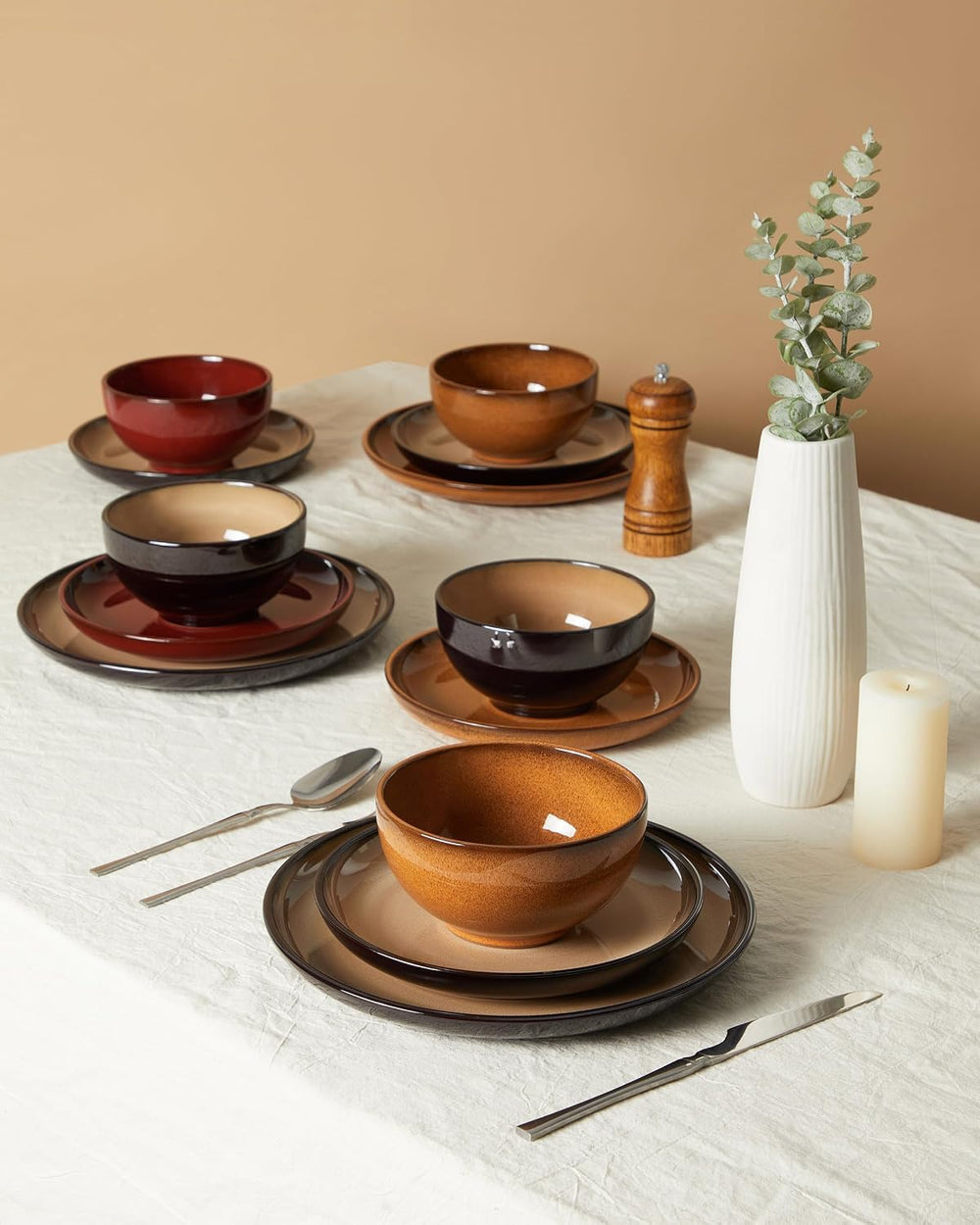 Pokini Stoneware Dinnerware Sets for 4, 12pcs Plates and Bowls Sets Dishes