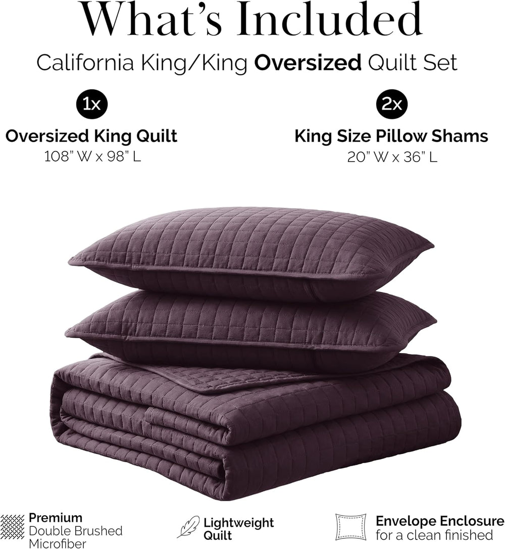King Size Quilt Bedding Set with 2 Quilted Pillow Shams, Purple Quilts