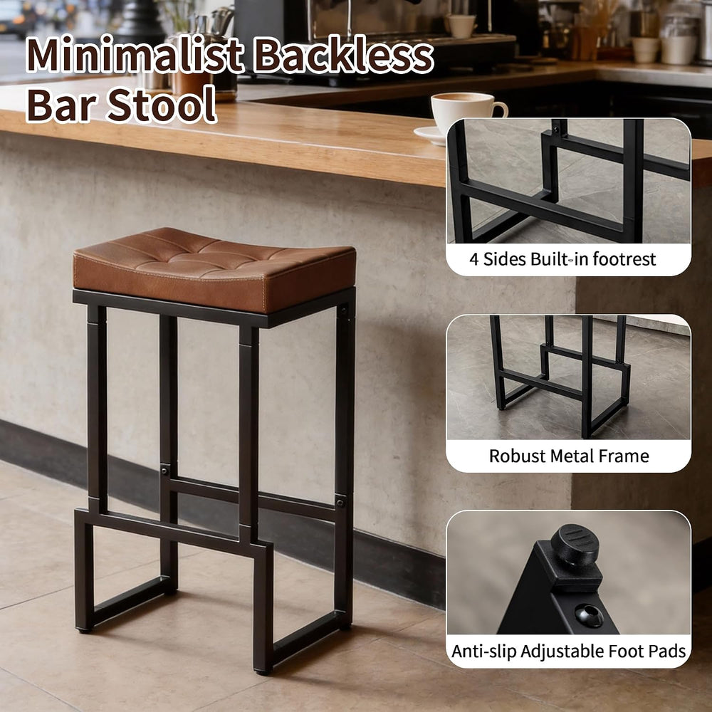 FIRAVOE 28" Bar Stools Set of 3, PU Leather Backless Saddle Bar Stools