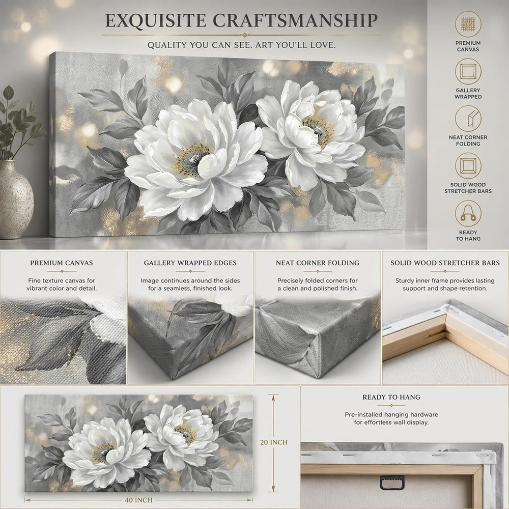 Anolyfi White Peony Neutral Floral Canvas Wall Art for Bedroom 40"x20"