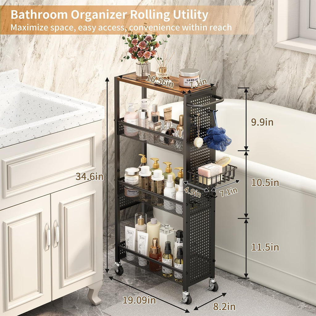 Slim Storage Rolling Cart: 4-Tier Narrow Metal and Wood Utility Cart with Wheels for Kitchen/Laundry/Bathroom(Black)