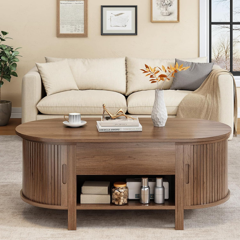 ONBRILL 43.3" Oval Lift Top Fluted Coffee Table with Sliding Door, Walnut