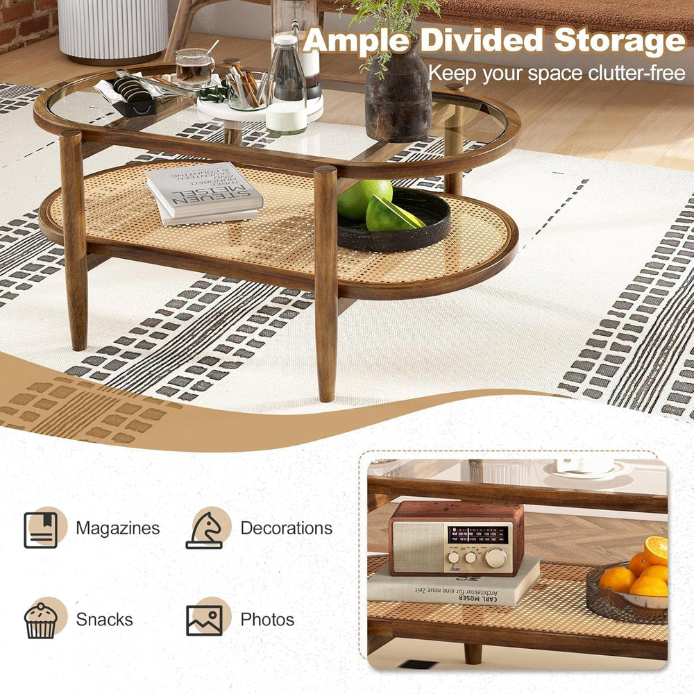 MAT EXPERT Rattan Coffee Table, 2 Tier Boho Oval Living Room Table w/Glass Ta...