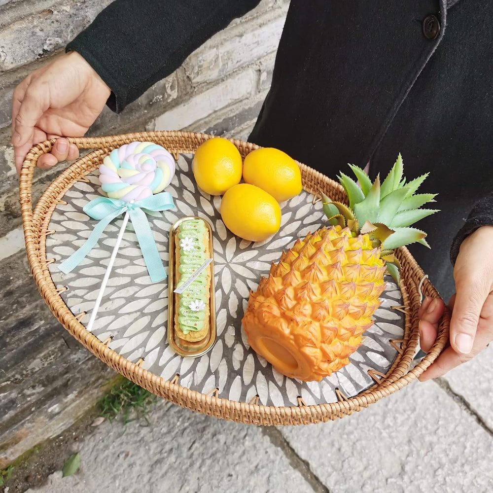I-LAN 15 Inch Oval Rattan Woven Tray Basket with Beige MOP Wooden Base and Ha...