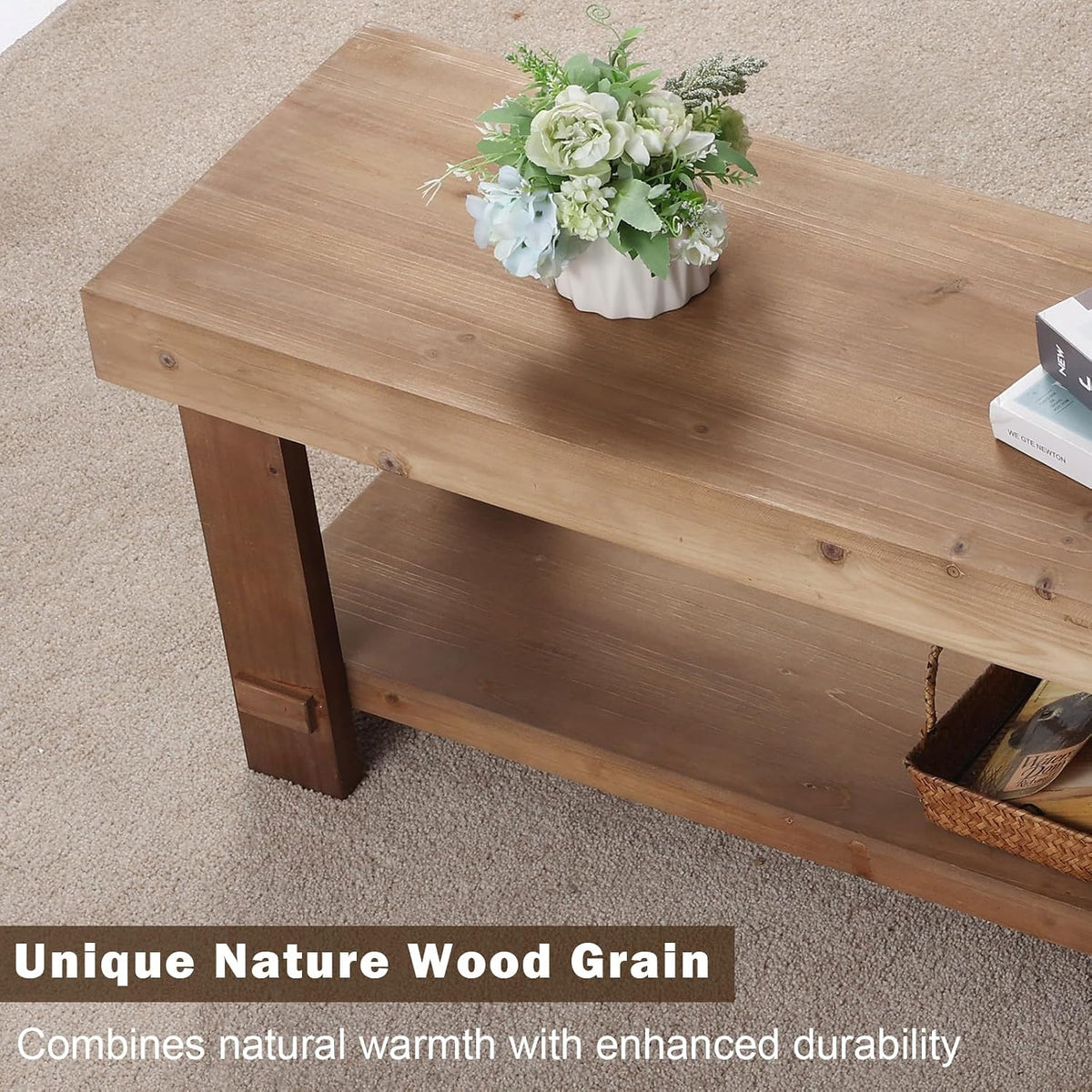 31.5" Solid Wood Bench, Small Farmhouse Narrow Storage Bench, Natural | with Storage Shelf, Rustic, Easy Assembly, for Indoor, Entryway, Dining Room, Living Room and Hallway