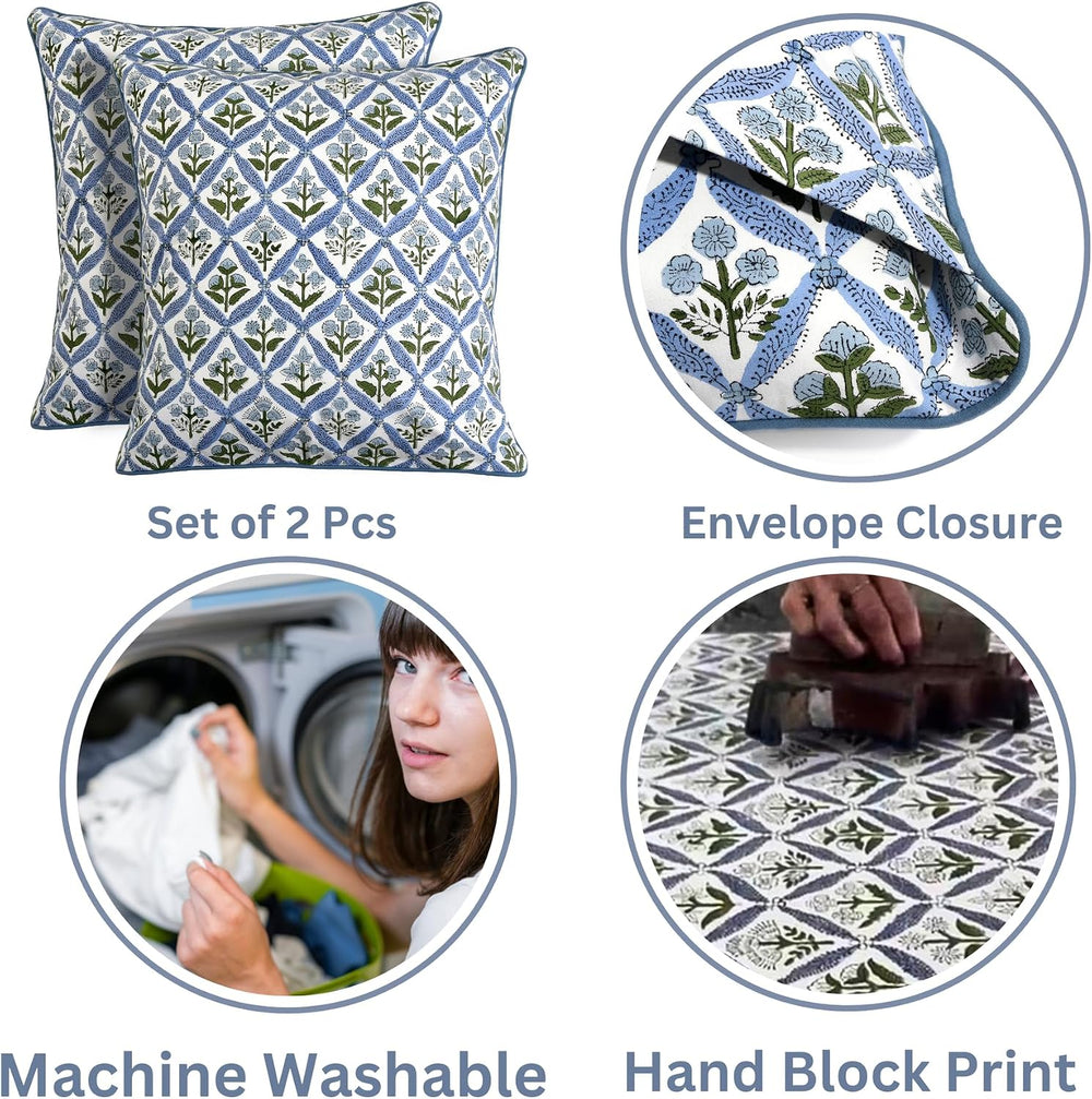 Ridhi Light Steel Blue Block Print Cotton Pillow Cover 18x18 Inch Set of 2