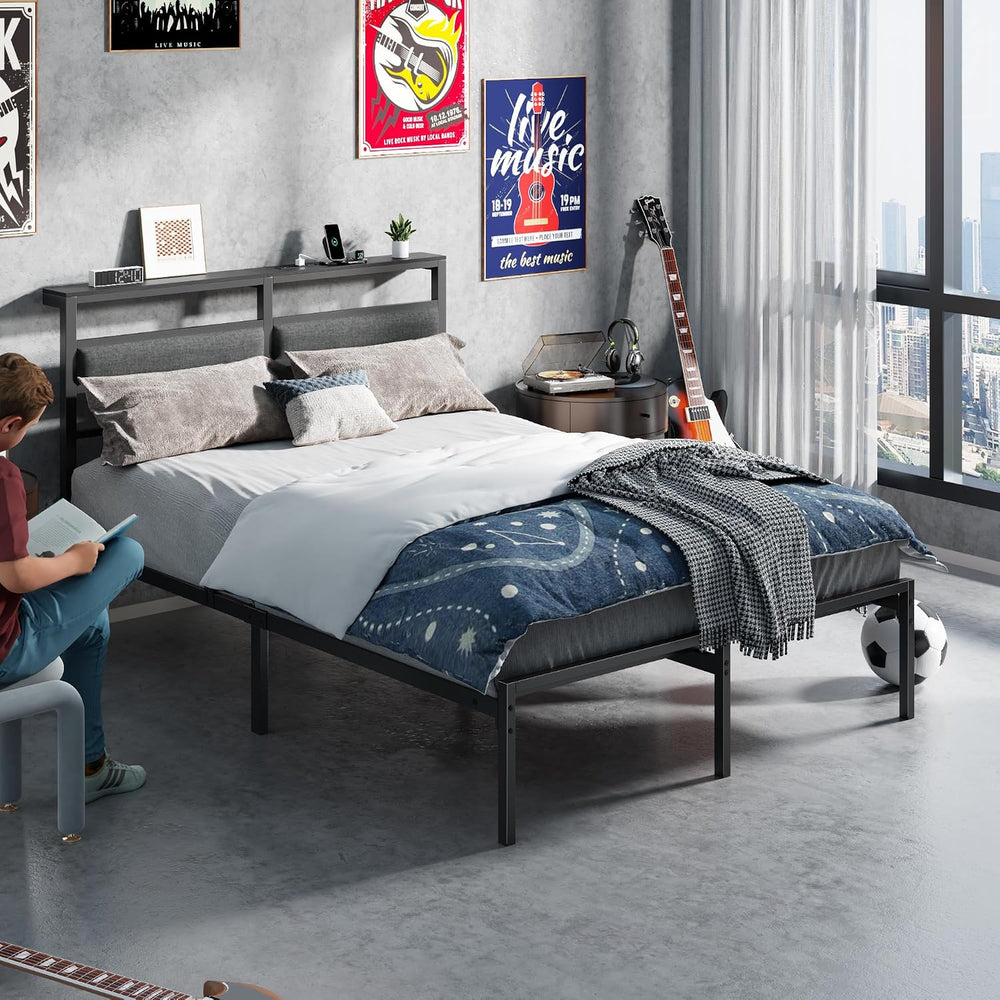 OURPIC Full Size Bed Frame with LED Lights & Charging, Black Platform Bed