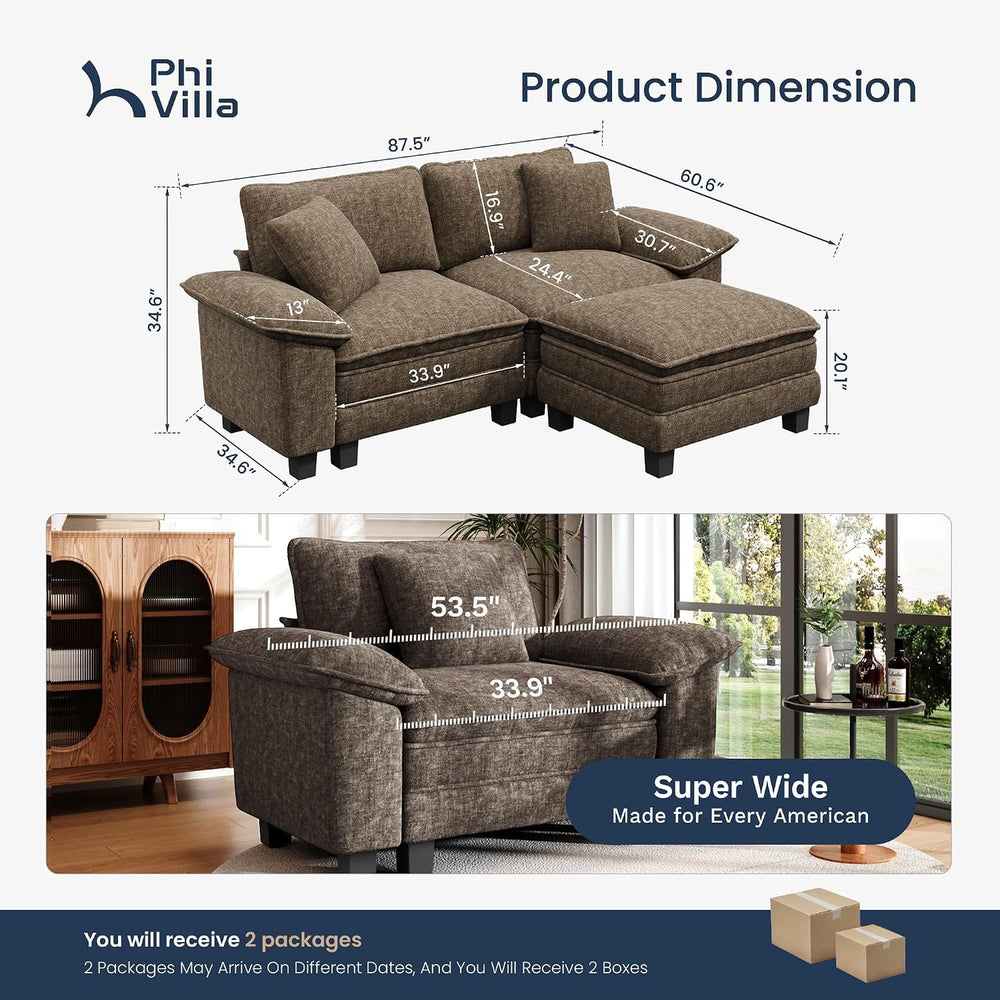 PHI VILLA 87.5" Oversized Sectional Loveseat Sofa with 1 Movable Ottoman
