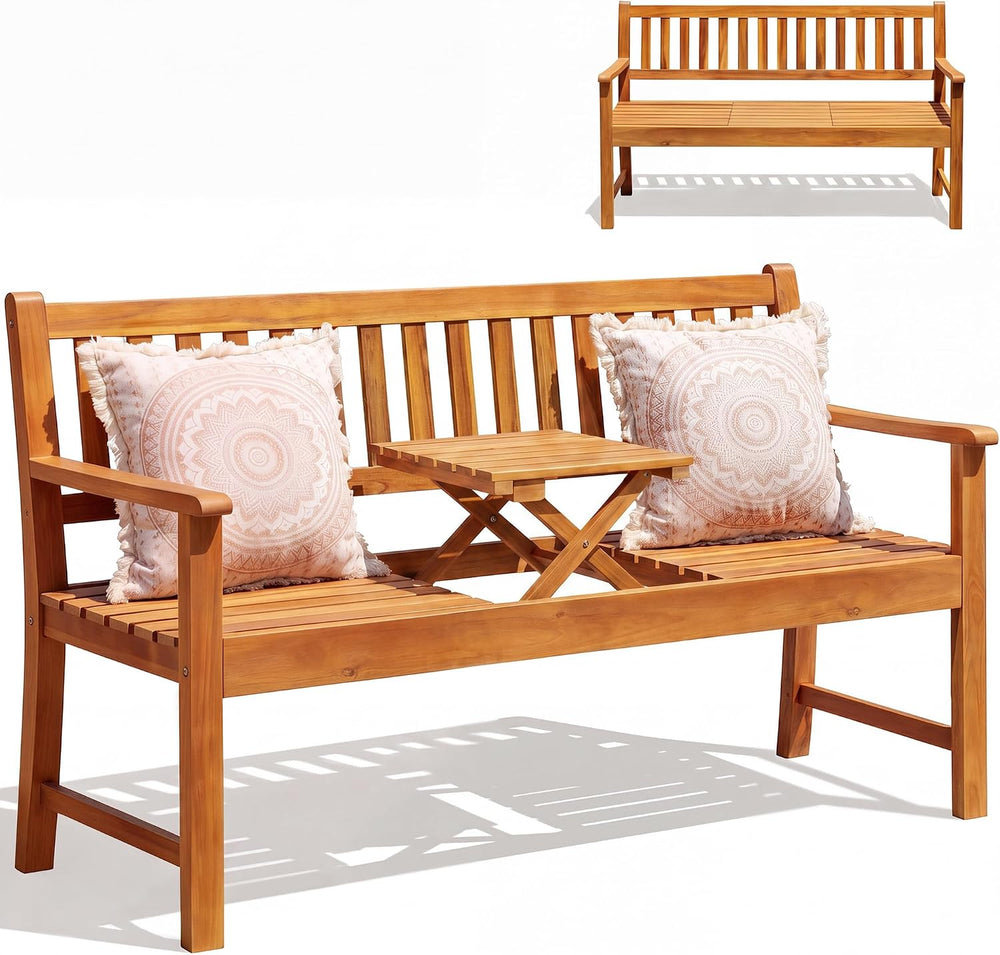 Devoko Acacia Wood Outdoor Bench, 2-Person Garden Bench with Pull-Out Table