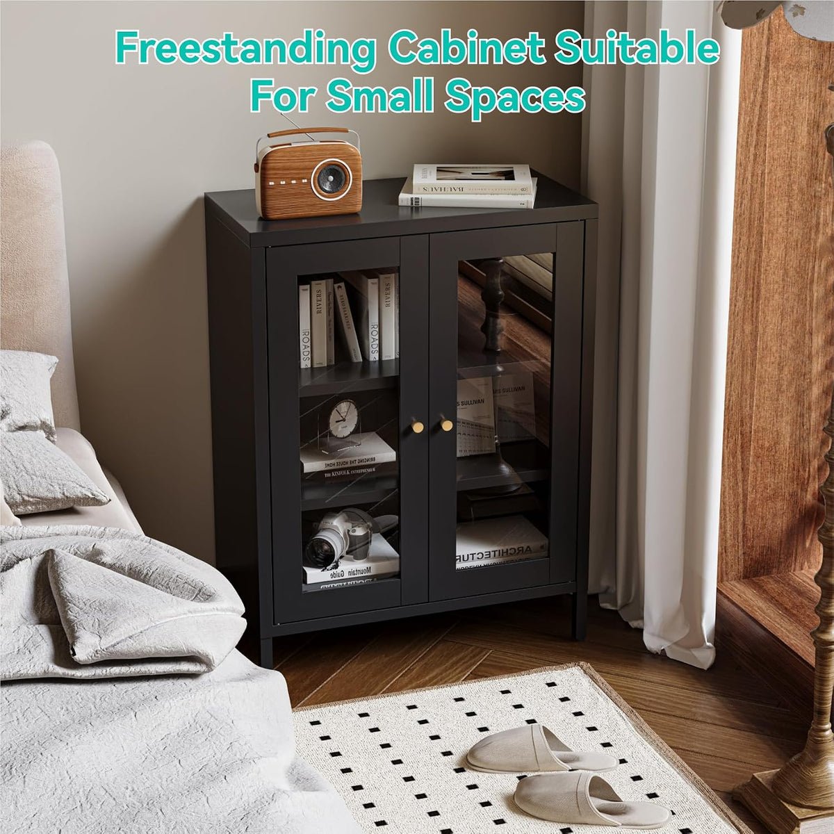 Small Metal Cabinet with Glass Doors,Display Storage Cabinet with 2 Adjustable Shelves for Bathroom Entryway Living Room Dining Room Kitchen,3-Tier,11.8" D x 23.6" W x 31.5" H, Black