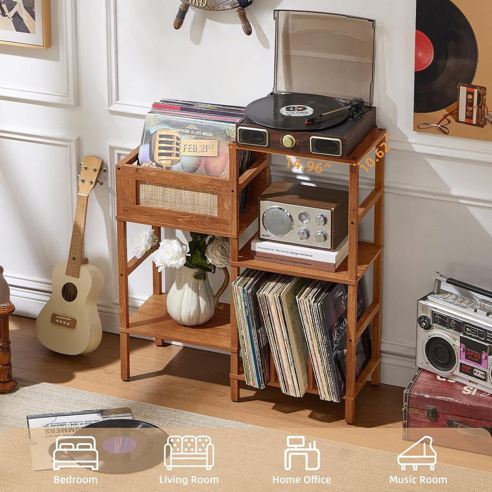 LELELINKY Record Player Stand, Brown Wood Record Holder with Vinyl Storage Ho...