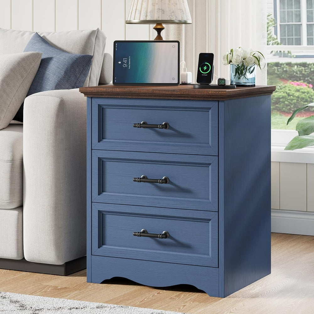 Farmhouse Nightstand with Charging Station, Blue Wood Bedside Table & End...