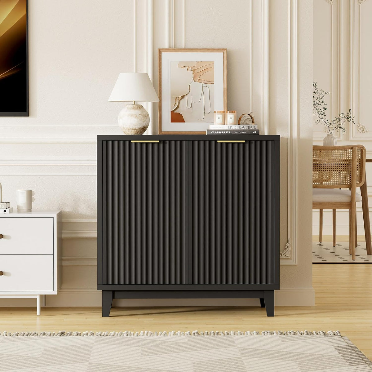 Fluted Cabinet with Storage, Mid Century Modern 2 Doors Sideboard Buffet