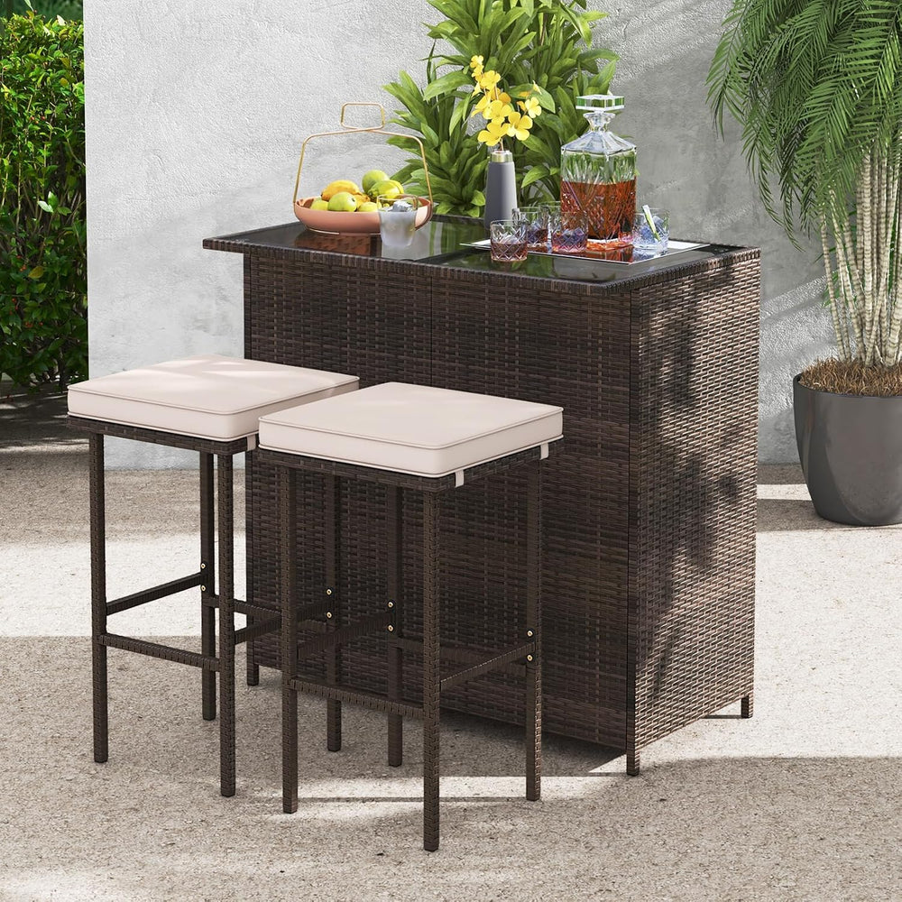 Tangkula 3 Piece Patio Bar Set, Outdoor Rattan Bar Table and 2 Stools with Te...