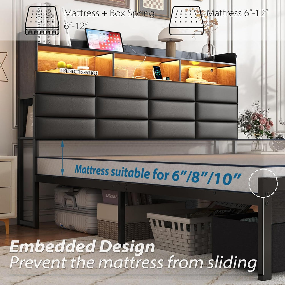 Full Bed Frame with Storage Headboard, Upholstered Black Bed Frame with 4 Dra...